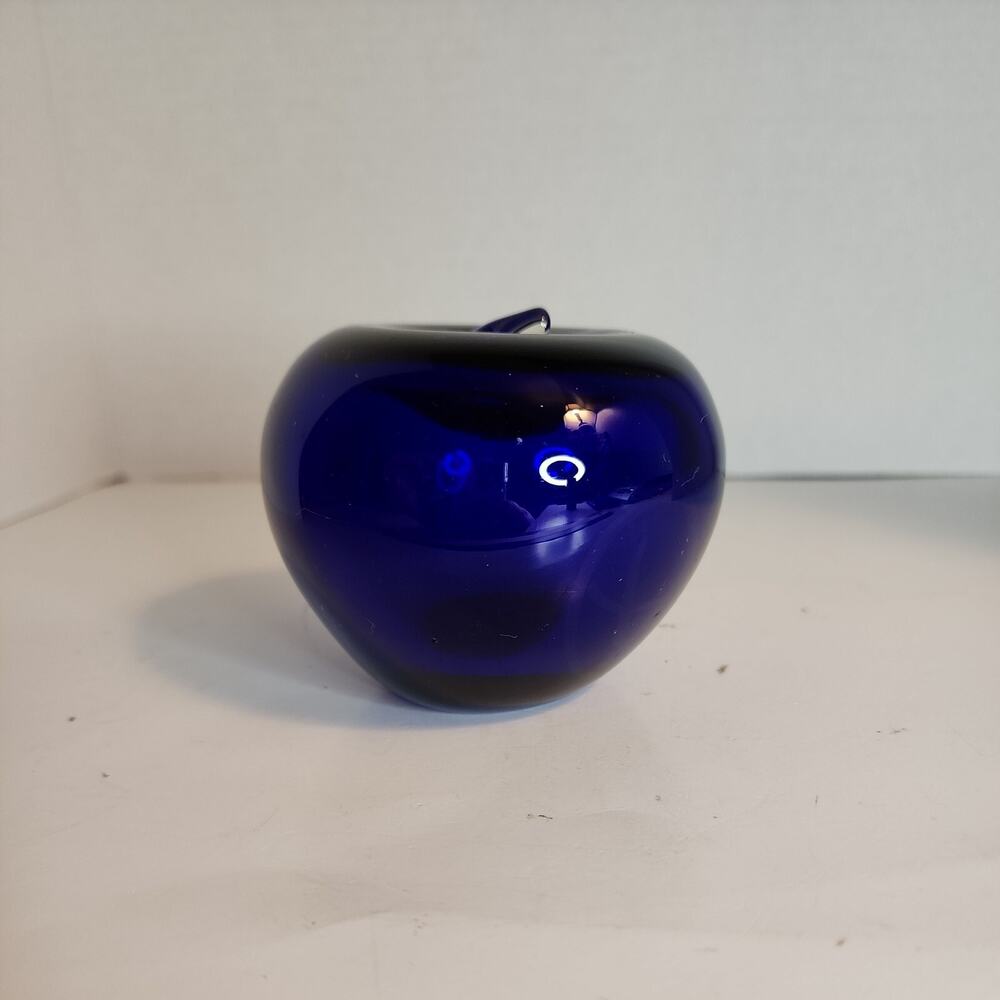 Cobalt Blue Apple Art Glass Hand Blown 3" x 4" Paperweight 16 oz